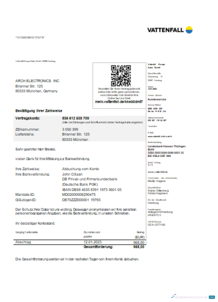 Download Vattenfall utility business bill SCR Photoshop template